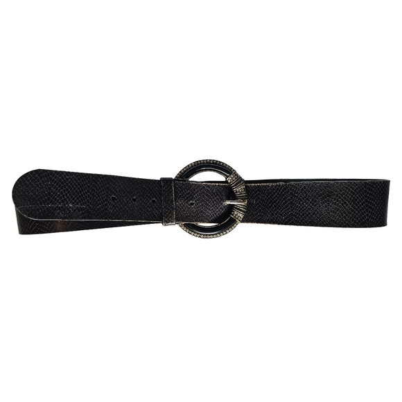 Chicos Leather Black Textured Belt with Silver Rhinestone Buckle - Picture 1 of 8